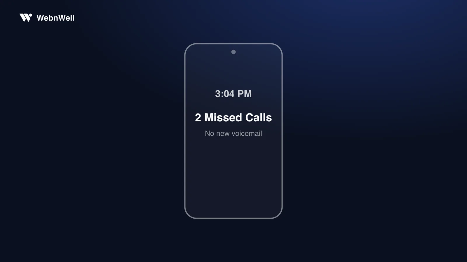 Phone lock screen at 3:04 pm showing 2 missed calls and no new voicemail