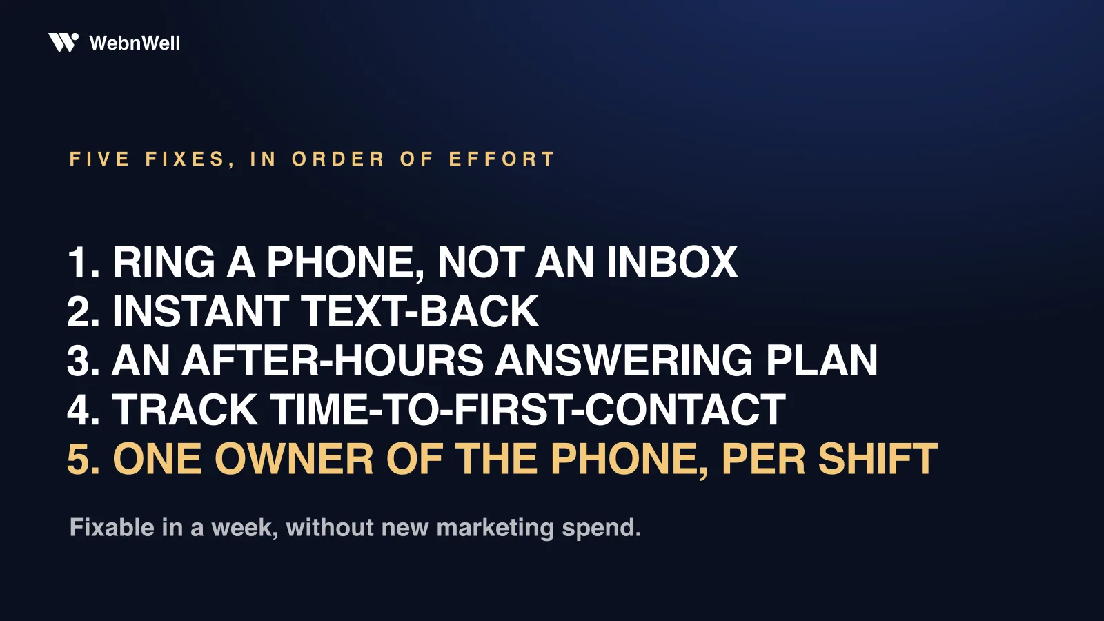 Five fixes in order of effort: ring a phone not an inbox, instant text-back, an after-hours answering plan, track time-to-first-contact, one owner of the phone per shift
